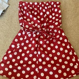 Red polka dot strapless romper